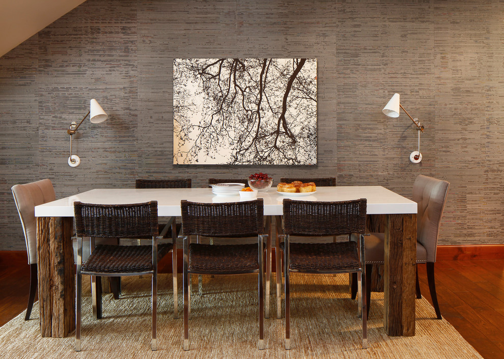Inspiration for a medium sized rustic dining room in Denver with grey walls, dark hardwood flooring and brown floors.