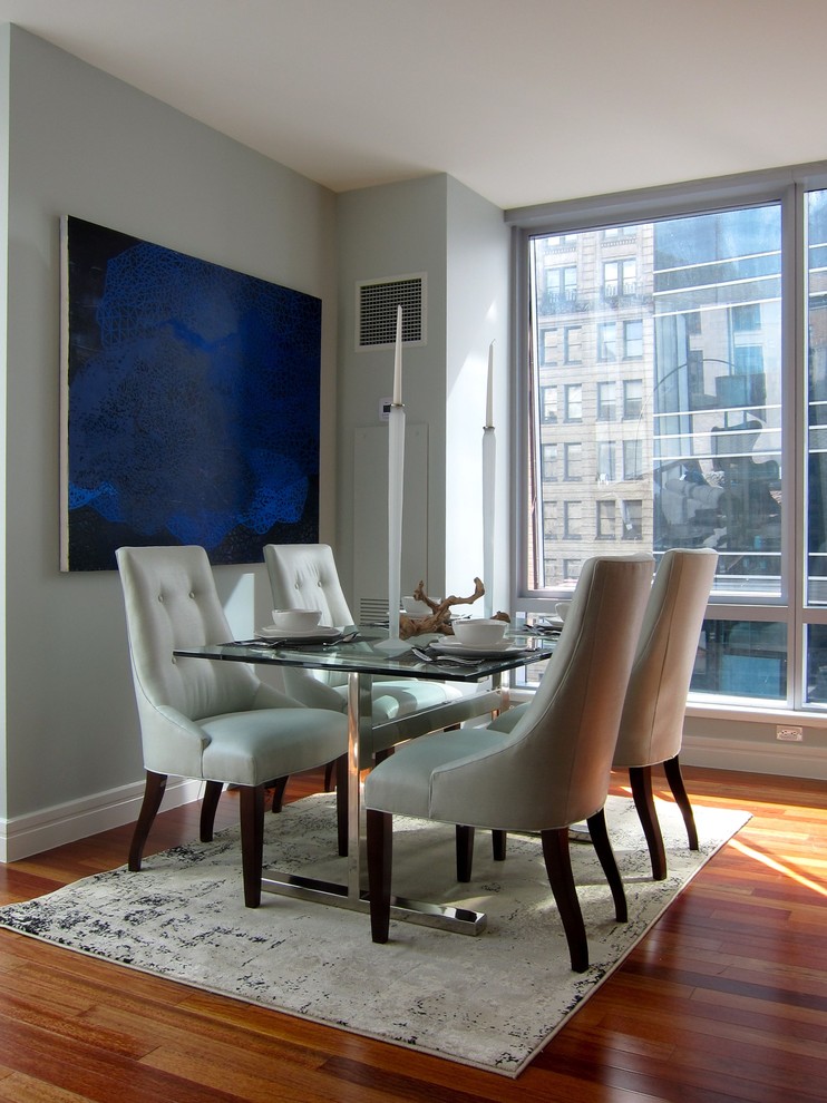 Modern dining room in Philadelphia with grey walls.