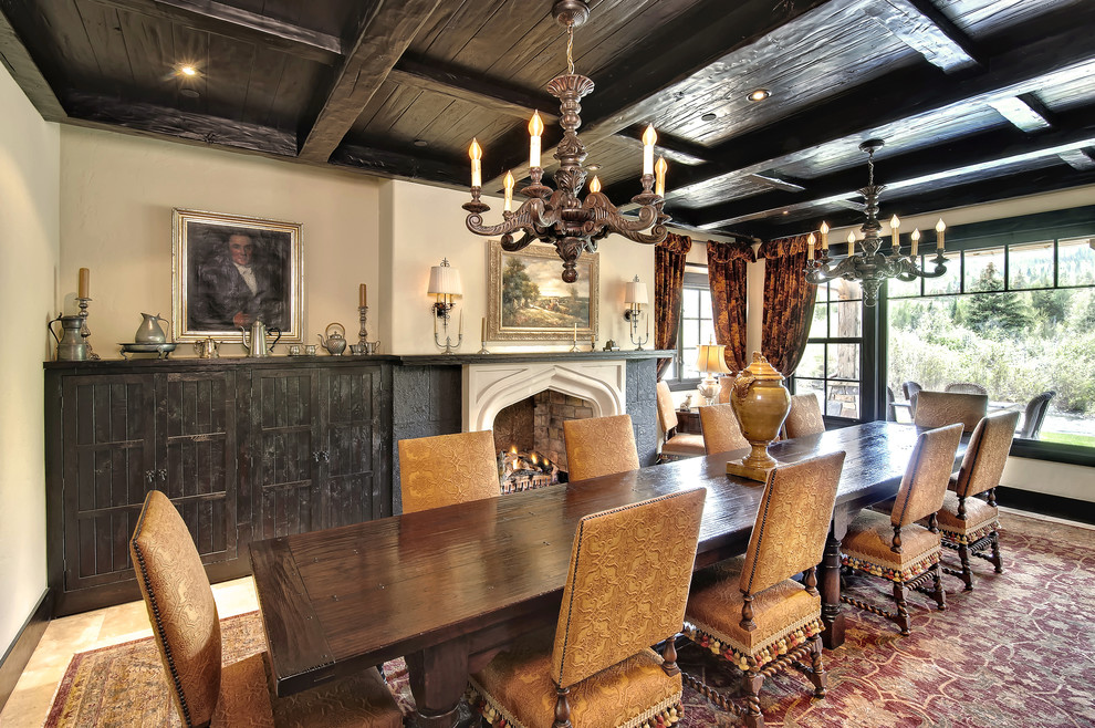 Inspiration for a timeless dining room remodel in Denver with beige walls and a standard fireplace