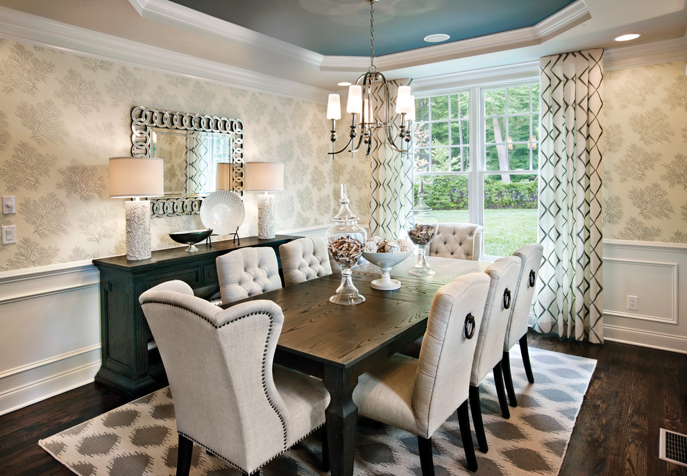 Inspiration for a transitional dark wood floor and brown floor dining room remodel in Chicago with beige walls