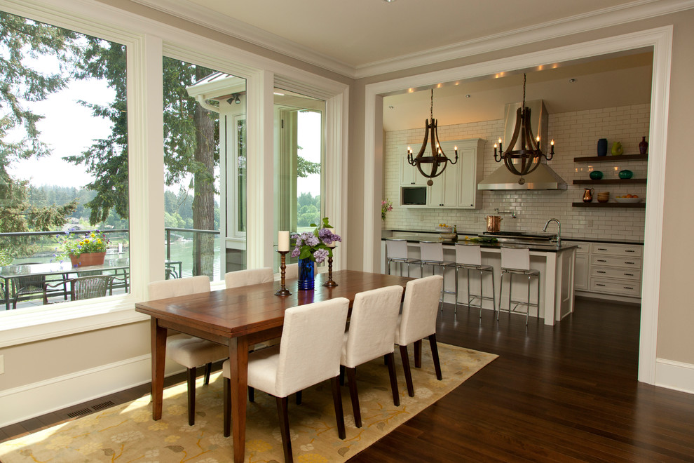 Kitchen/dining room combo - mid-sized transitional dark wood floor and brown floor kitchen/dining room combo idea in Portland with beige walls and no fireplace