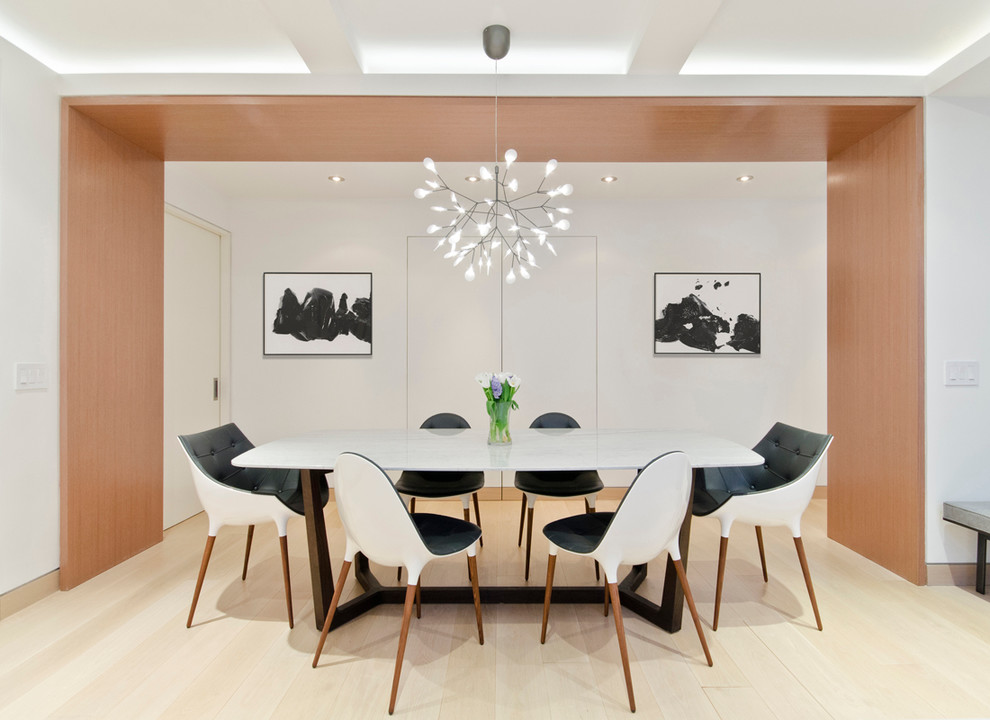 Inspiration for a contemporary dining room in New York with white walls and light hardwood flooring.