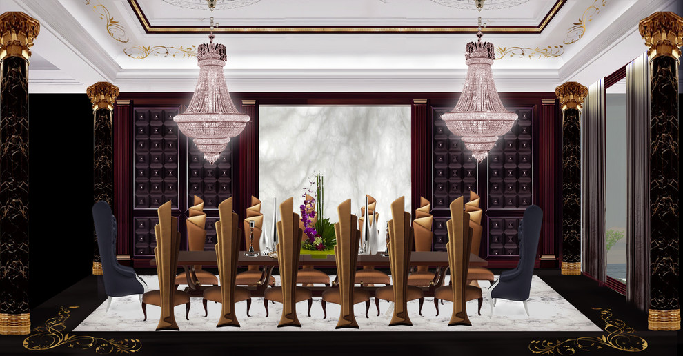 Immagine di un'ampia sala da pranzo aperta verso il soggiorno american style con pareti nere, pavimento in marmo, camino bifacciale e cornice del camino in pietra