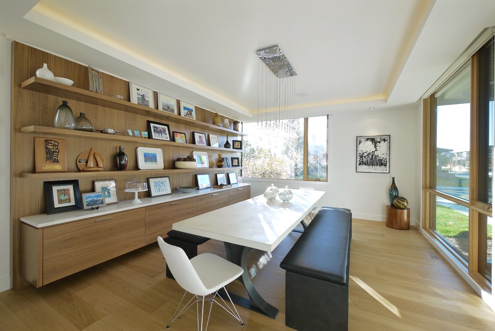Esempio di una grande sala da pranzo minimal chiusa con pareti bianche e pavimento in legno massello medio