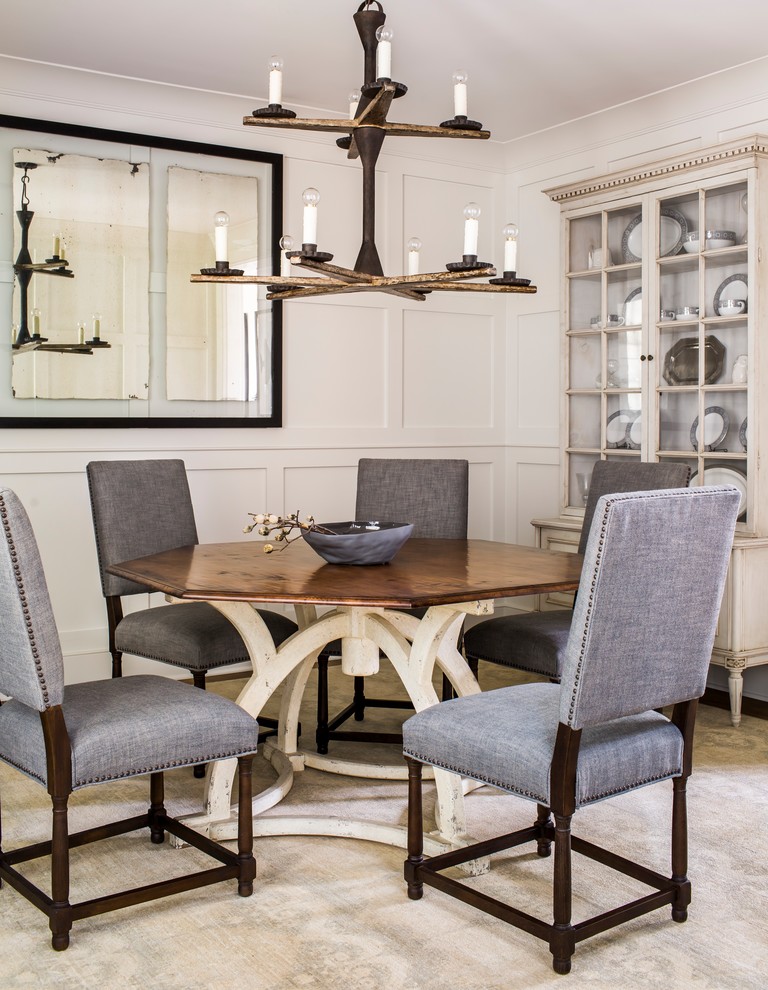 Photo of a nautical dining room in Atlanta with white walls and no fireplace.
