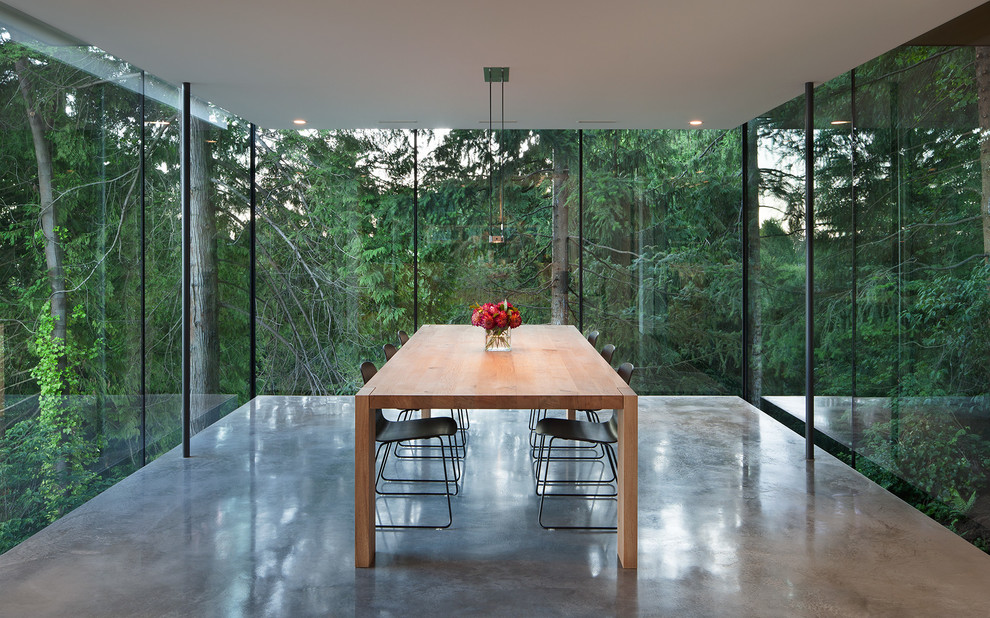 Esempio di una sala da pranzo minimalista con pavimento in cemento