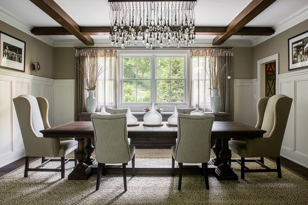 Medium sized classic enclosed dining room in New York with beige walls, dark hardwood flooring and no fireplace.