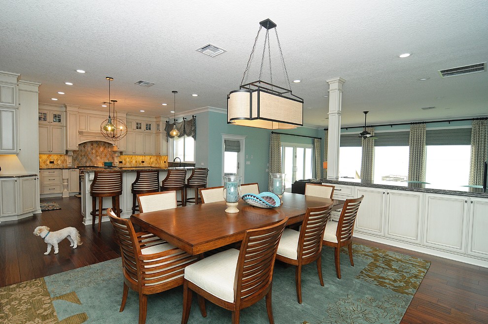 Kitchen/dining room combo - large transitional dark wood floor kitchen/dining room combo idea in Tampa with blue walls and no fireplace