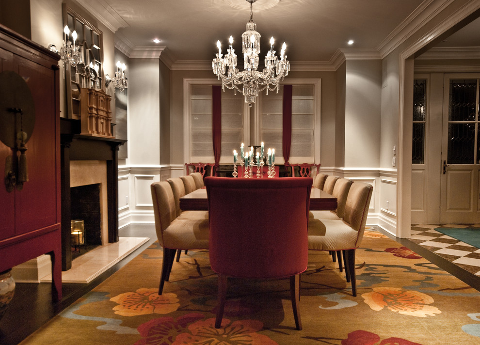 Inspiration for a timeless dark wood floor dining room remodel in Toronto with gray walls and a standard fireplace