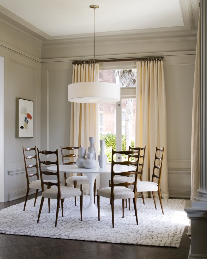 Trendy dark wood floor dining room photo in San Francisco with beige walls
