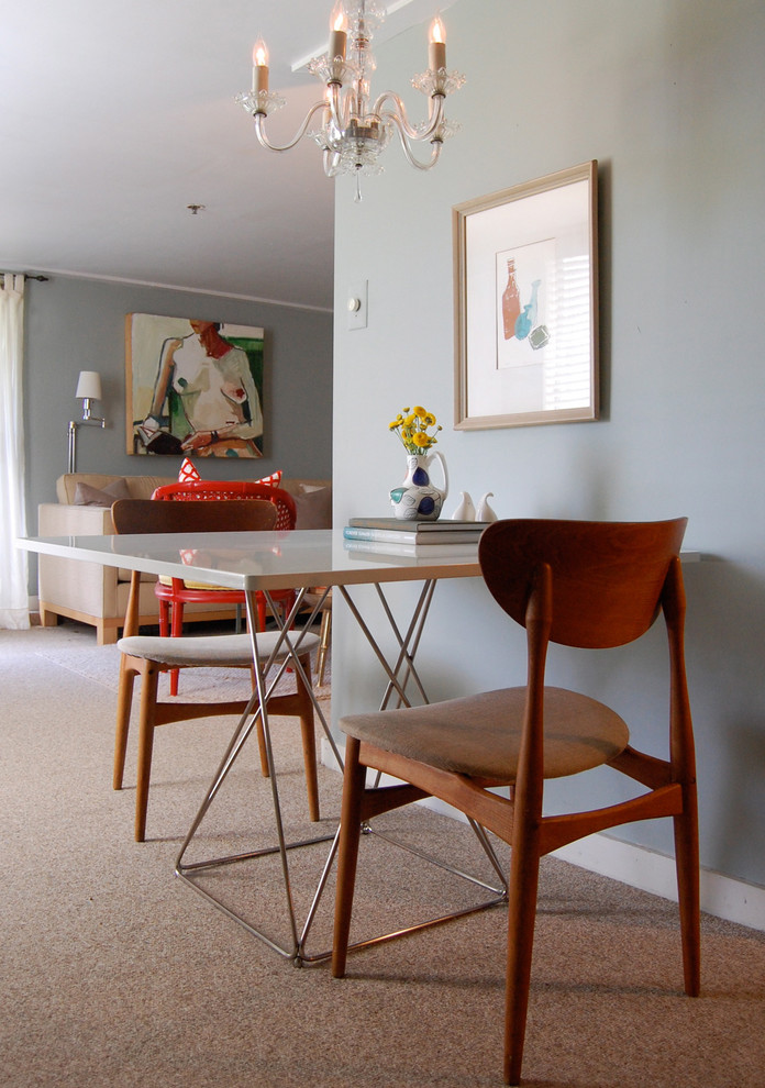 Example of a trendy carpeted great room design in San Francisco with gray walls