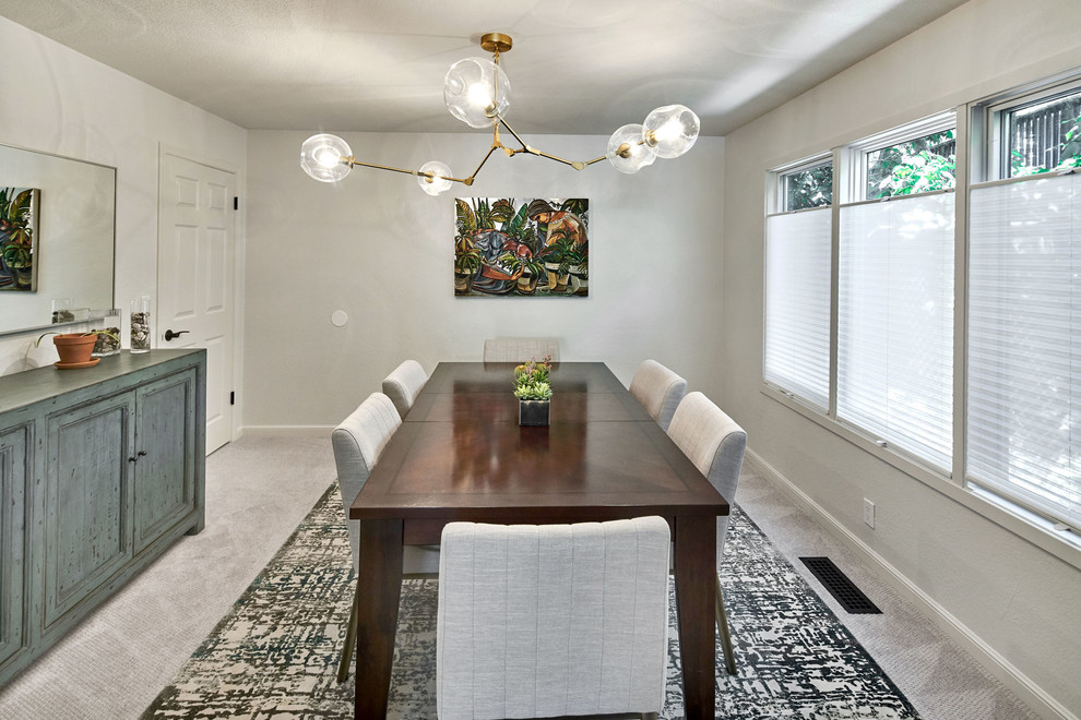 Inspiration for a mid-sized transitional carpeted and beige floor enclosed dining room remodel in San Francisco with white walls and no fireplace