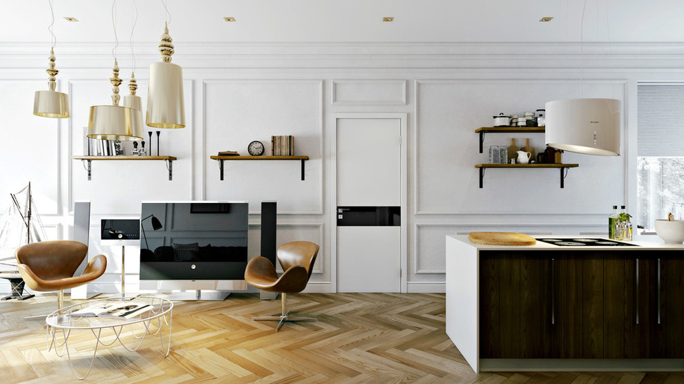Идея дизайна: кухня-столовая среднего размера в стиле модернизм с белыми стенами