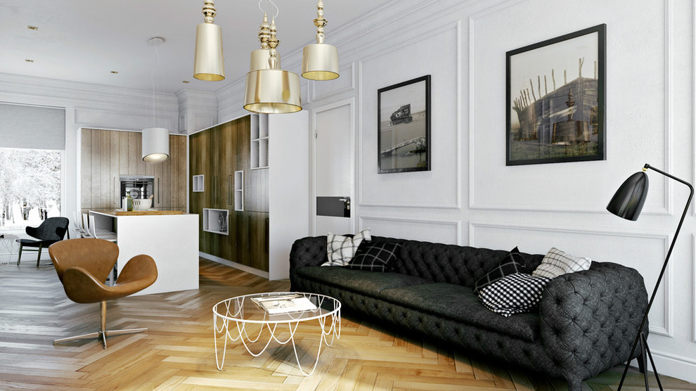 Mittelgroße Moderne Wohnküche mit weißer Wandfarbe in New York