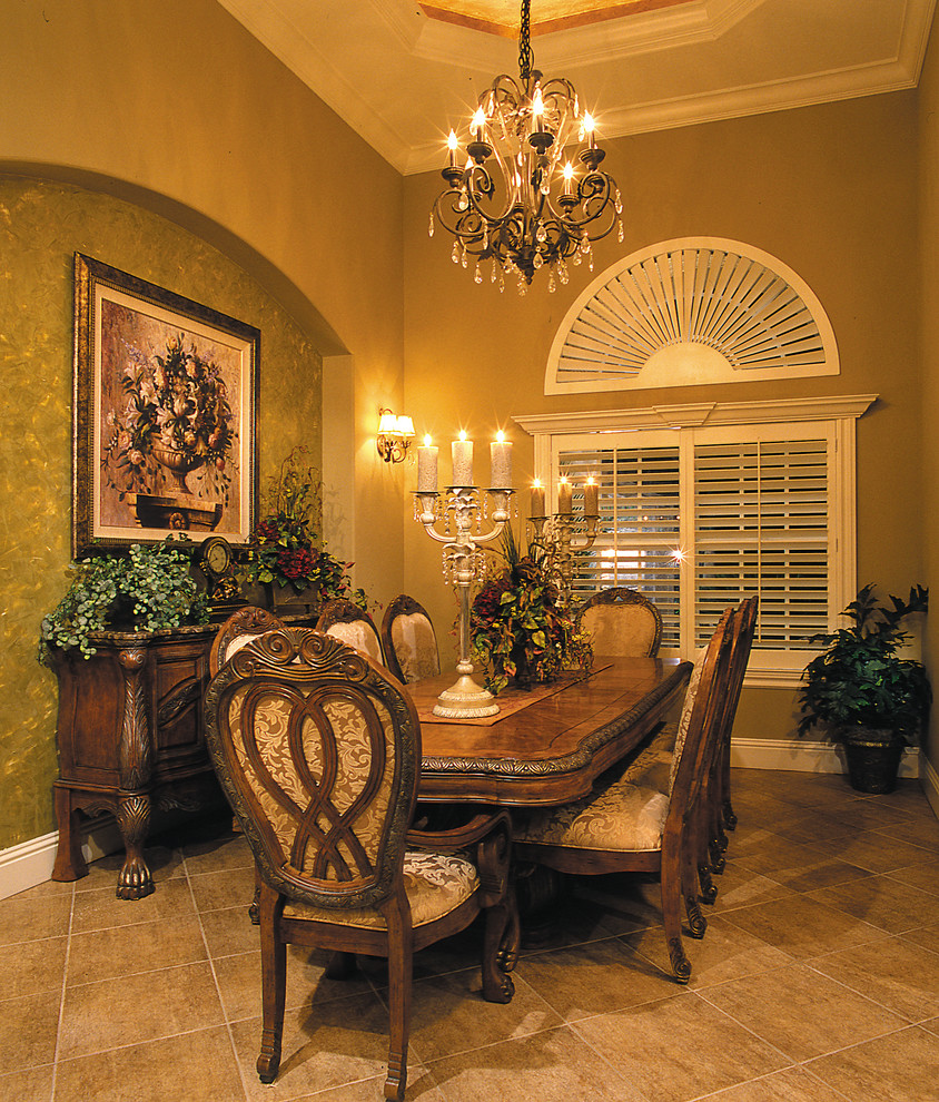 Medium sized mediterranean enclosed dining room in Miami with beige walls, ceramic flooring and no fireplace.