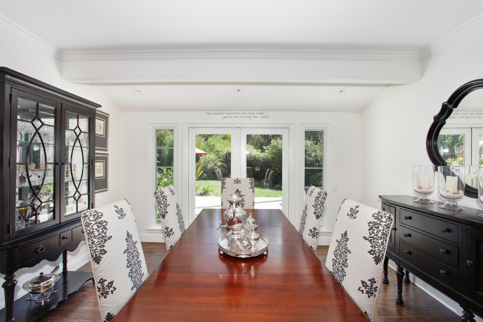 Inspiration for a classic dining room in San Diego with white walls and dark hardwood flooring.