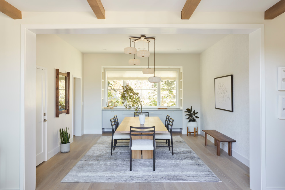 Design ideas for a scandi dining room in San Francisco with white walls, medium hardwood flooring and brown floors.