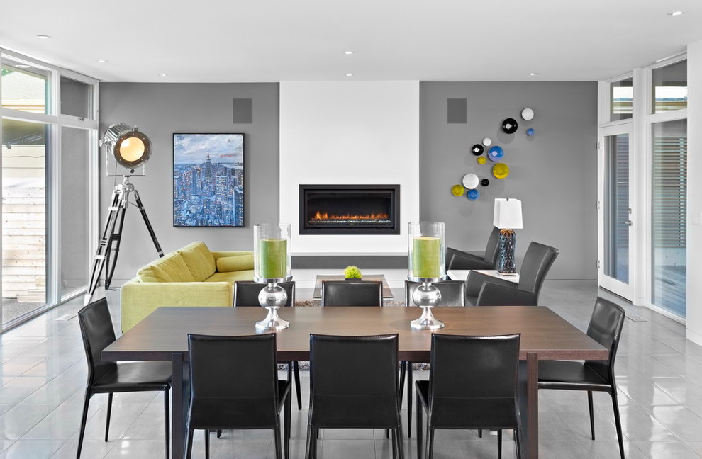 Idee per una sala da pranzo moderna con pareti grigie
