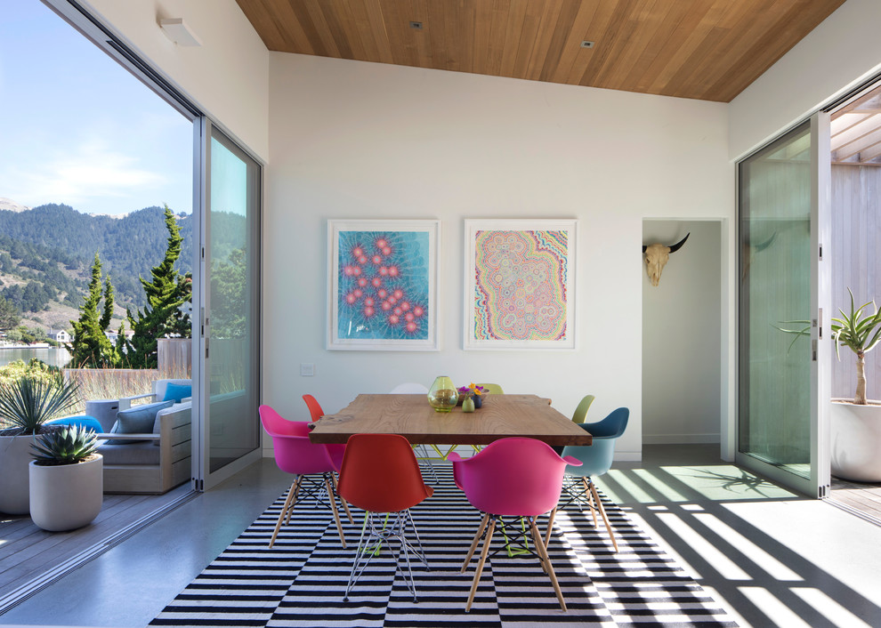 Moderne Wohnküche mit weißer Wandfarbe, Betonboden und grauem Boden in San Francisco