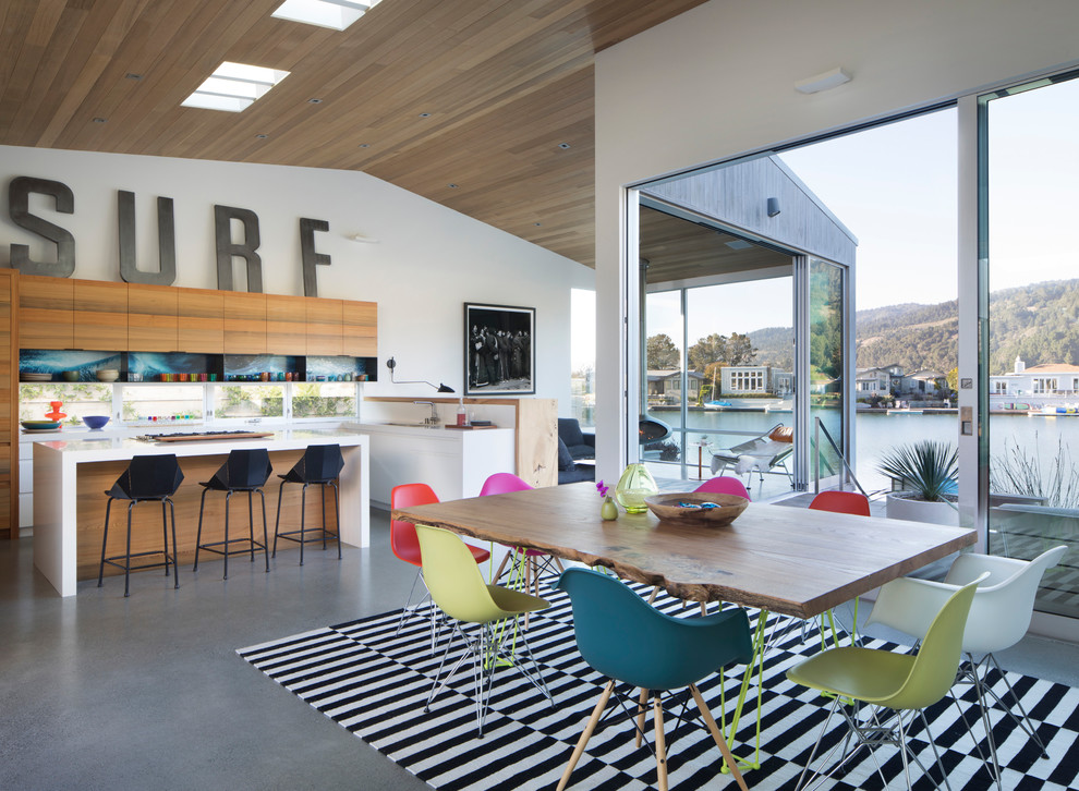 Moderne Wohnküche mit weißer Wandfarbe, Betonboden, grauem Boden und Hängekamin in San Francisco