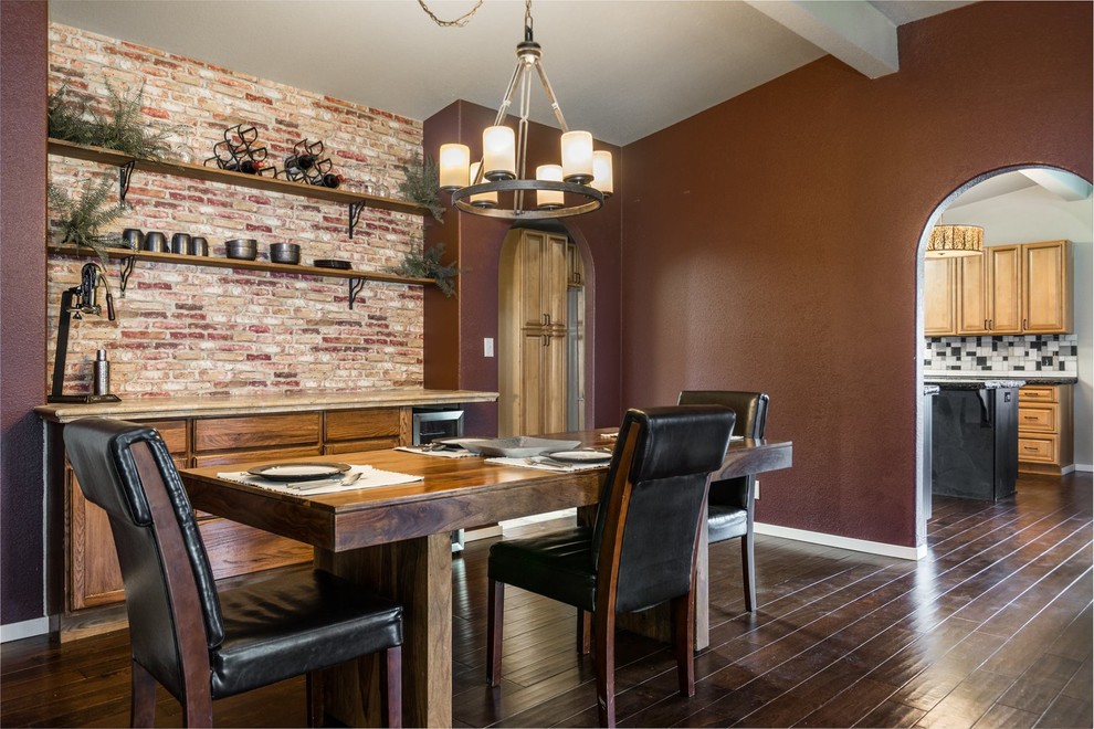 Inspiration for a mid-sized transitional dark wood floor dining room remodel in Seattle with brown walls and no fireplace