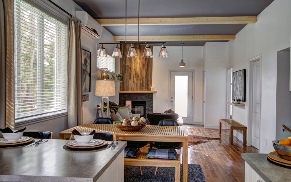 Diseño de comedor de cocina industrial de tamaño medio con paredes blancas, suelo de madera en tonos medios, chimenea de esquina y marco de chimenea de piedra