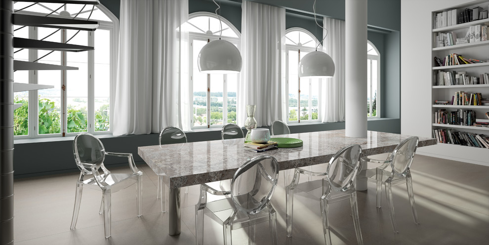 Стильный дизайн: столовая в современном стиле с серыми стенами - последний тренд