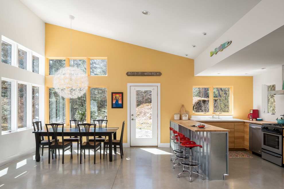 Foto di una piccola sala da pranzo aperta verso la cucina moderna con pareti gialle, pavimento in cemento, pavimento grigio e soffitto a volta