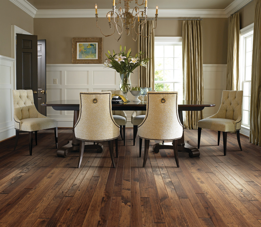 Enclosed dining room - mid-sized traditional dark wood floor and brown floor enclosed dining room idea in Atlanta with beige walls and no fireplace