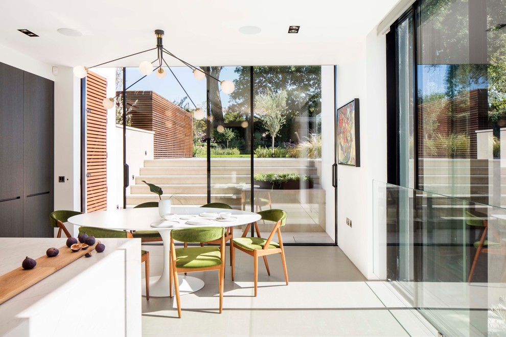 Moderne Wohnküche mit hellem Holzboden, weißer Wandfarbe und grauem Boden in London