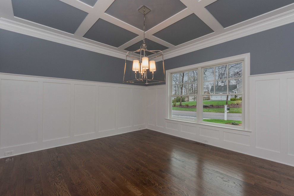 Design ideas for a medium sized classic enclosed dining room in Bridgeport with grey walls, dark hardwood flooring, brown floors and no fireplace.