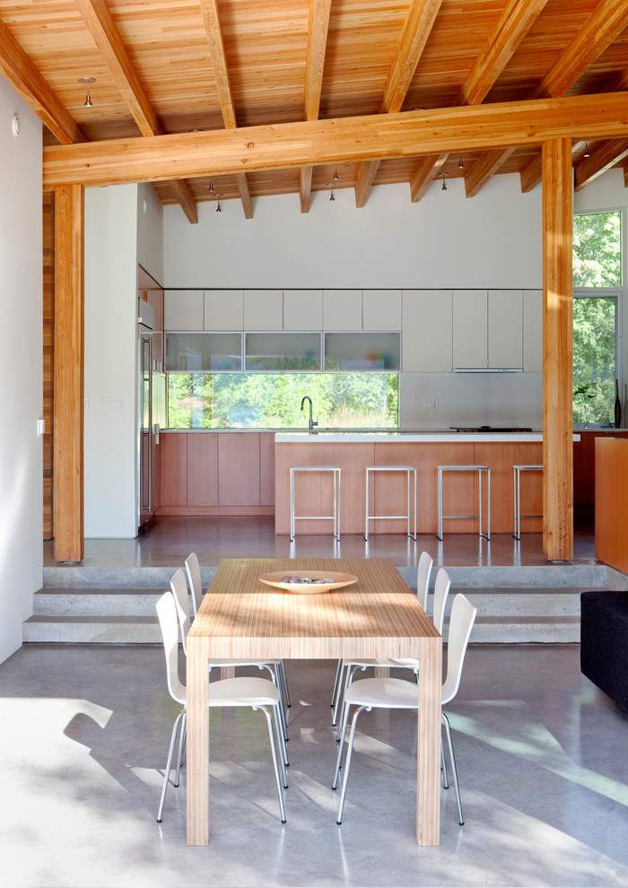 Aménagement d'une salle à manger moderne avec sol en béton ciré.