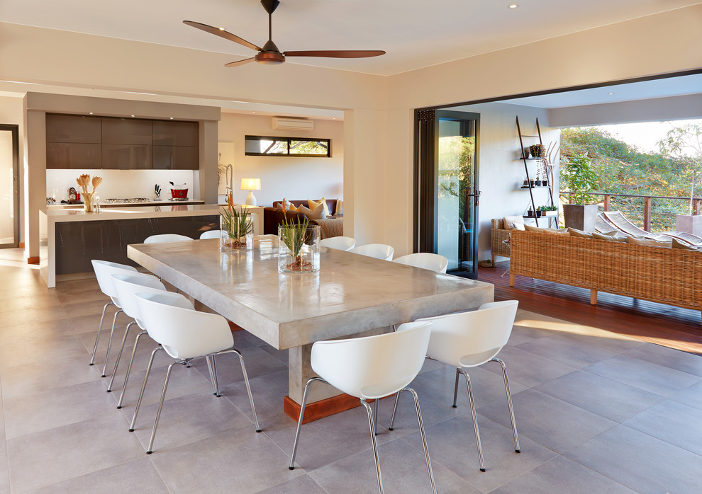 Trendy great room photo with beige walls