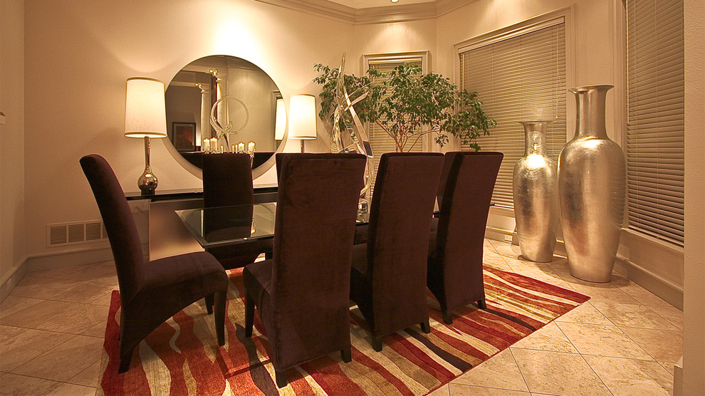 Example of a large minimalist ceramic tile enclosed dining room design in Dallas with beige walls and no fireplace