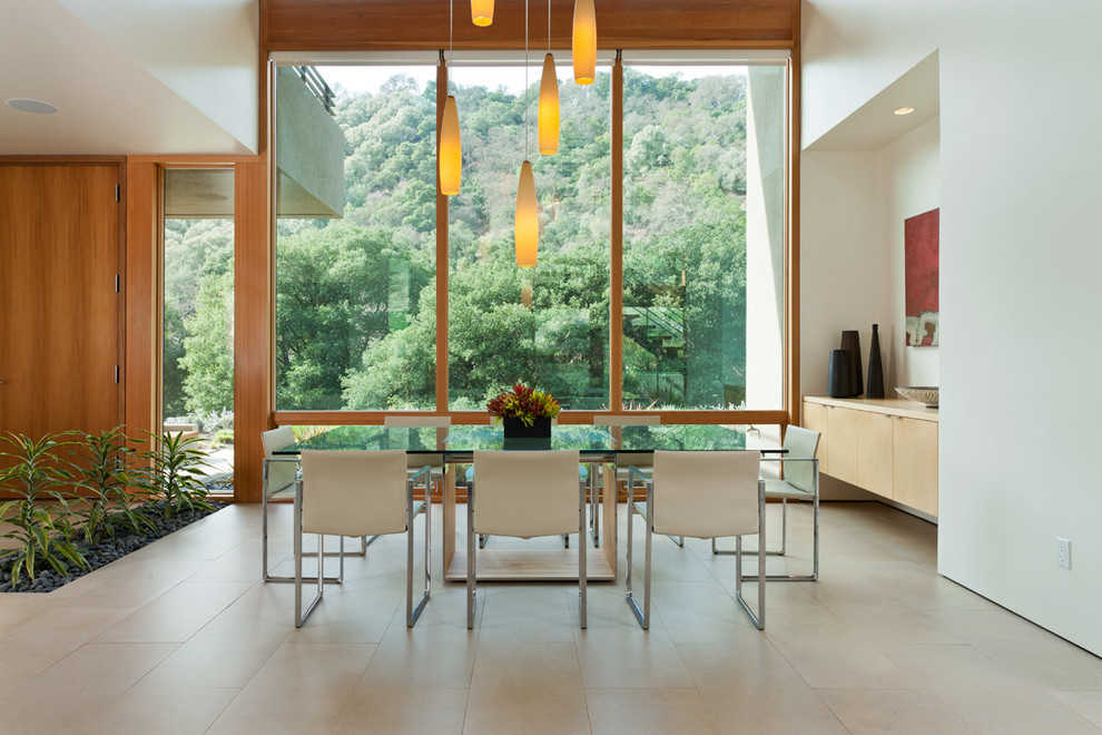 Источник вдохновения для домашнего уюта: столовая в стиле модернизм с белыми стенами без камина