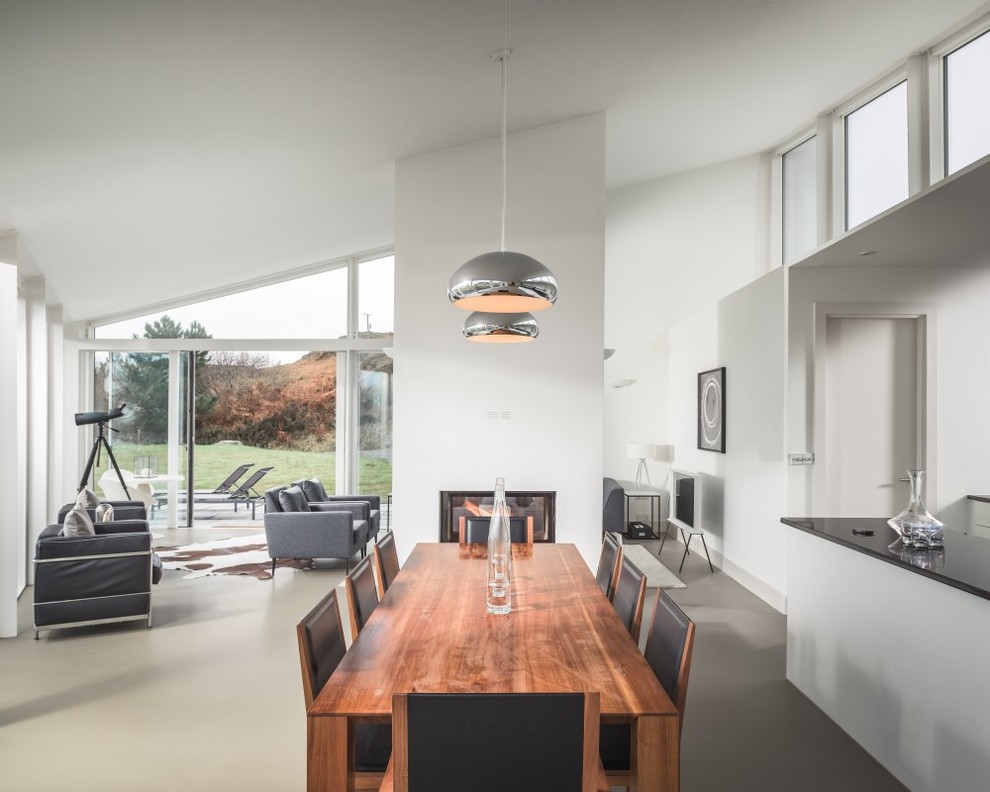 Cette image montre une salle à manger design de taille moyenne avec un mur blanc, sol en béton ciré et un sol gris.