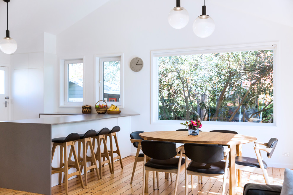 Kleine Moderne Wohnküche mit weißer Wandfarbe und braunem Holzboden in Canberra - Queanbeyan