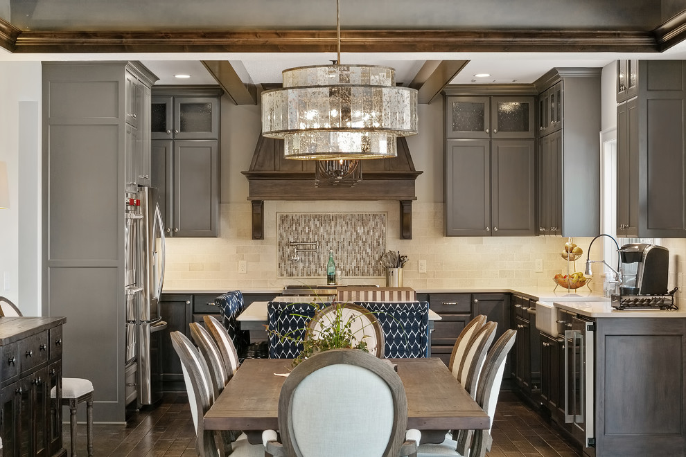 Inspiration for a mid-sized transitional dark wood floor and brown floor kitchen/dining room combo remodel in Minneapolis with white walls and no fireplace
