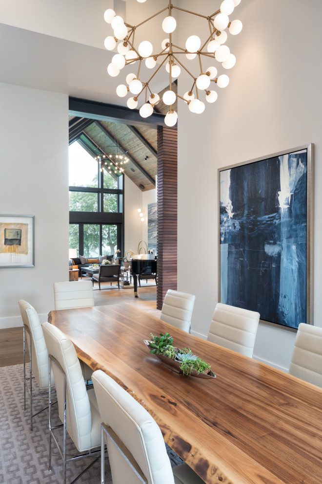 Design ideas for a large contemporary enclosed dining room in Minneapolis with white walls, medium hardwood flooring and brown floors.