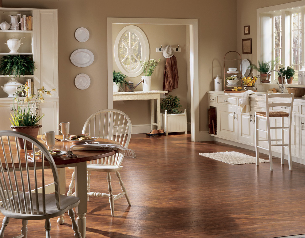 Inspiration for a large farmhouse kitchen/dining room in San Diego with beige walls and vinyl flooring.