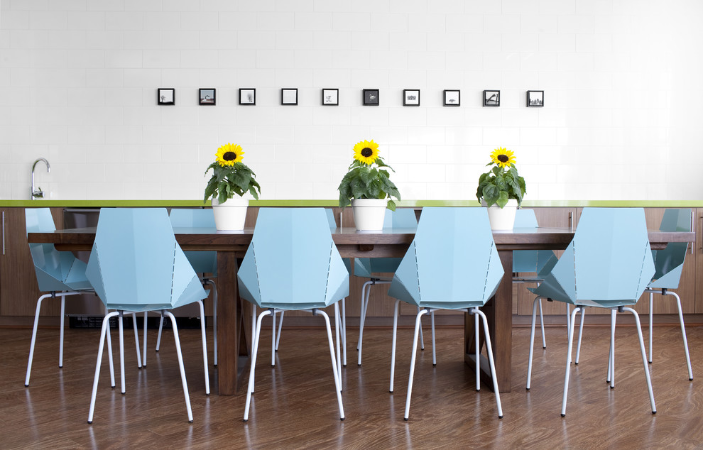 Inspiration for a contemporary dark wood floor dining room remodel in Atlanta with white walls