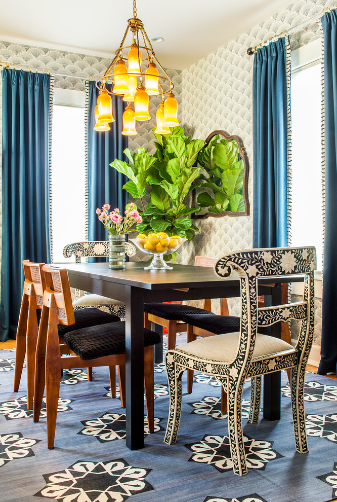 Contemporary dining room in Boston with multi-coloured walls.