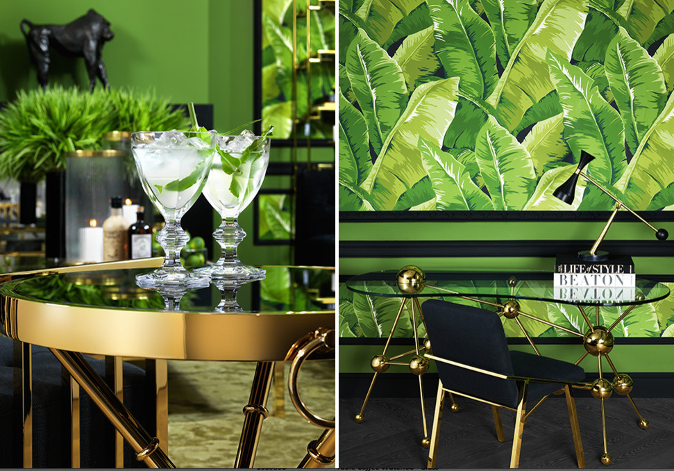 Immagine di una grande sala da pranzo minimalista con pareti verdi