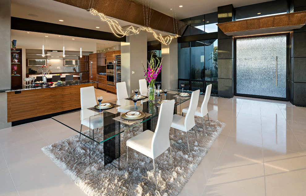 Esempio di una sala da pranzo aperta verso il soggiorno moderna di medie dimensioni con pareti grigie, pavimento con piastrelle in ceramica e nessun camino
