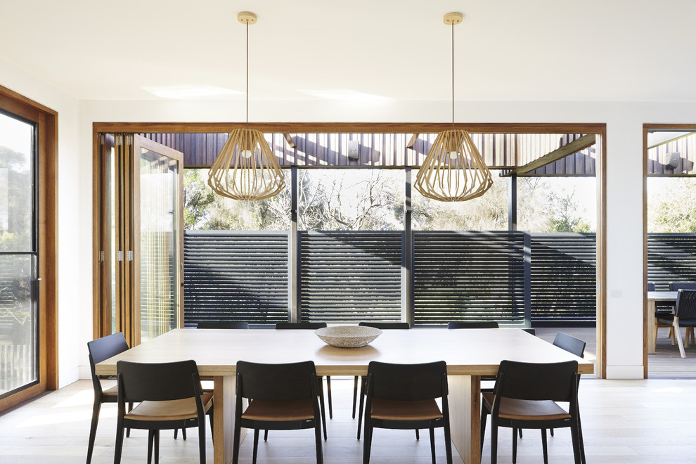 Offenes, Großes Modernes Esszimmer mit weißer Wandfarbe und hellem Holzboden in Melbourne
