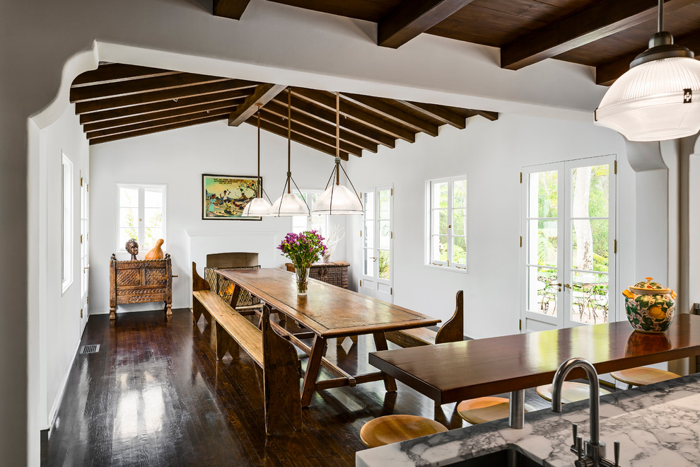 Design ideas for a medium sized mediterranean kitchen/dining room in Santa Barbara with dark hardwood flooring.