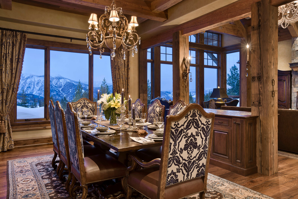 Photo of a rustic dining room in Other with beige walls and dark hardwood flooring.