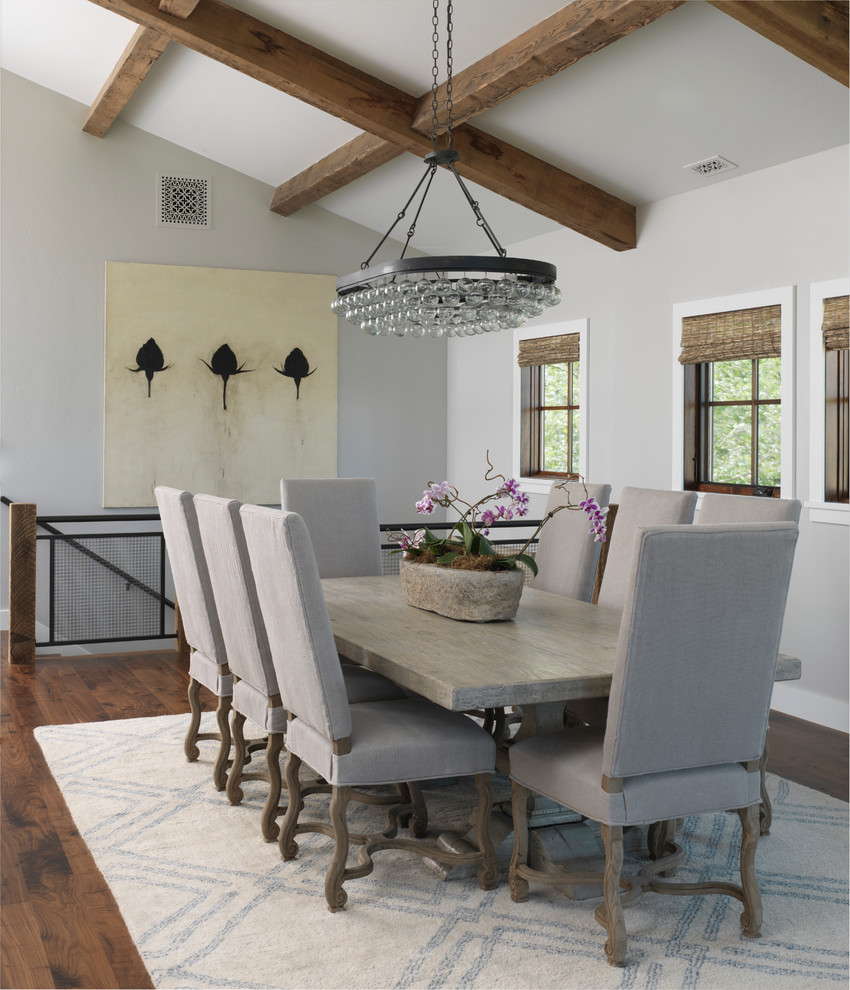 Design ideas for a medium sized classic open plan dining room in Other with grey walls, dark hardwood flooring and no fireplace.