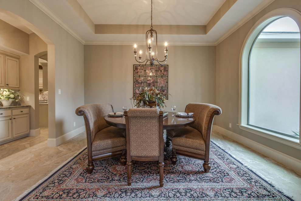 Large mediterranean enclosed dining room in Houston with beige walls, ceramic flooring, no fireplace and beige floors.