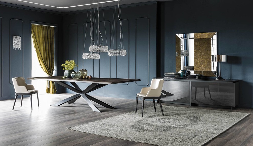Diseño de comedor minimalista grande abierto con paredes azules, suelo de madera en tonos medios y suelo marrón